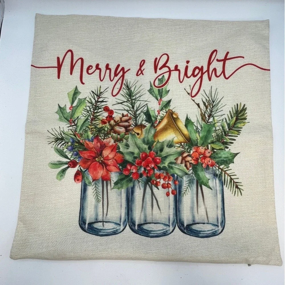 4‎ New Christmas Throw Pillow Covers Holiday Decor Square Woven Cottage Country